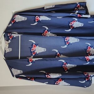 Pink Republic Blue Kimono with Bull Skull and Flowers